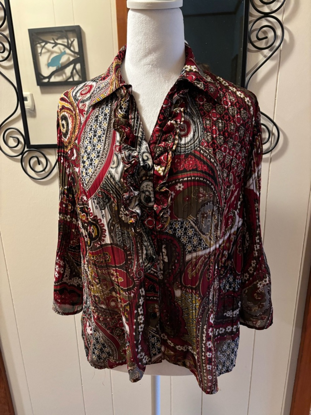Dress Barn Red Paisley Ruffle Blouse with Brown and White Accents size M